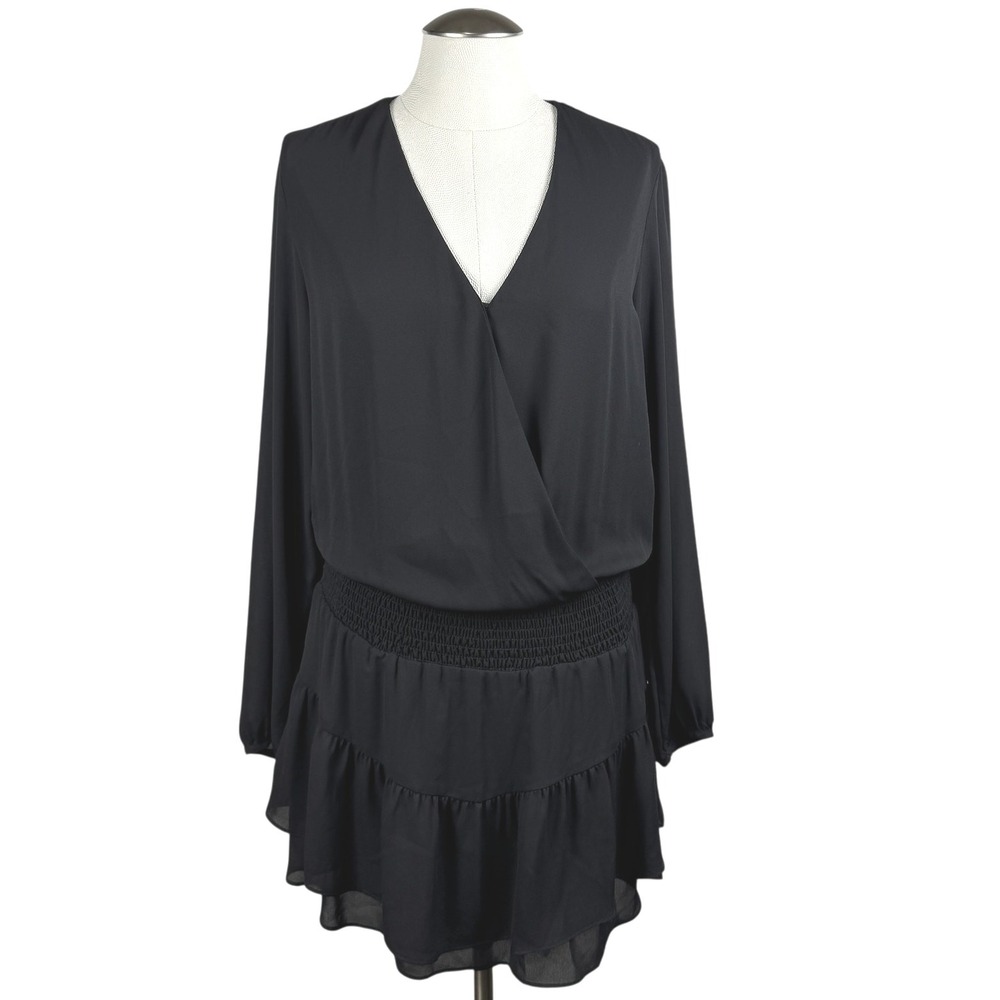 krisa Women's Black Long Sleeve Dress Smocked Waist Ruffle Hem Mini‎ Dress Small
